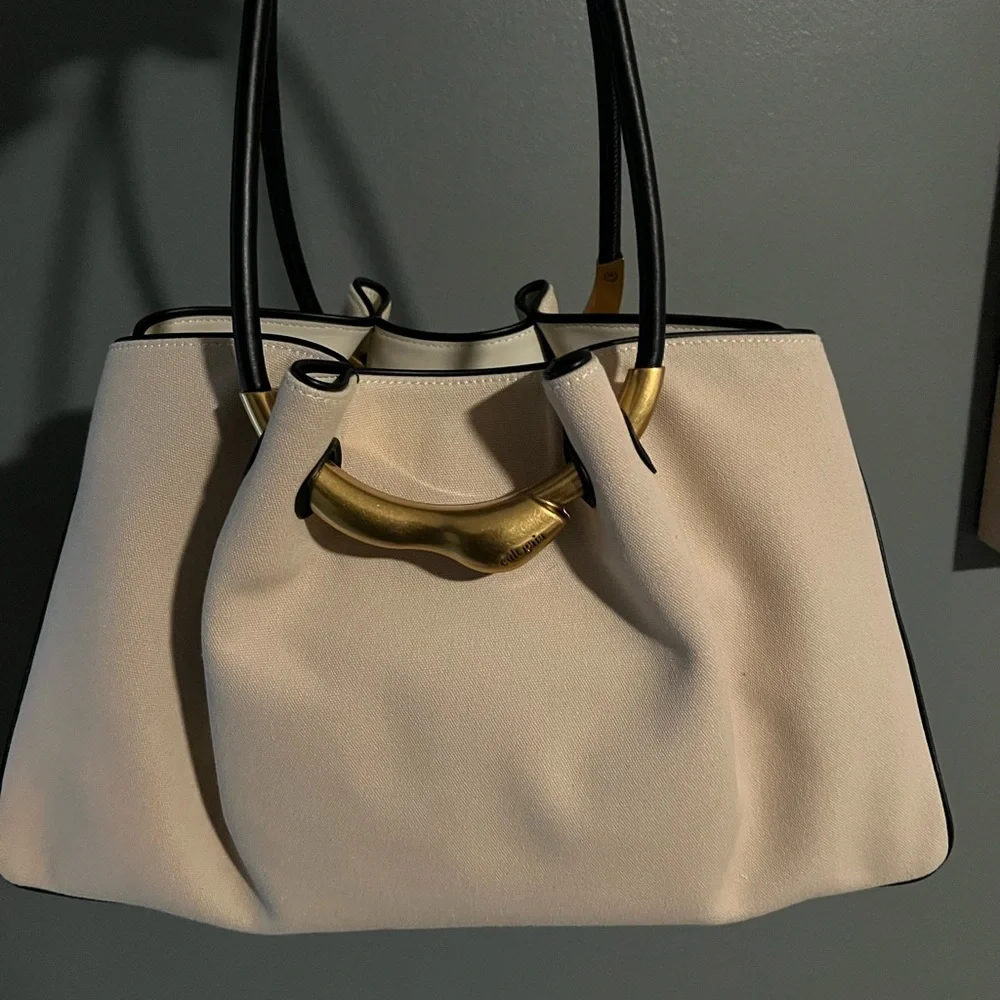 cult gaia Beige Shoulder Bag with Black Handles and Gold Accent - Picture 5 of 14
